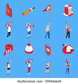 Isometric set of sports fans with accessories including hats and flags on blue background isolated vector illustration 