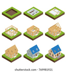 Isometric Set Stage-by-stage Construction Of A Blockhouse. House Building Process. Foundation Pouring, Construction Of Walls, Roof Installation And Landscape Design Vector Illustration.