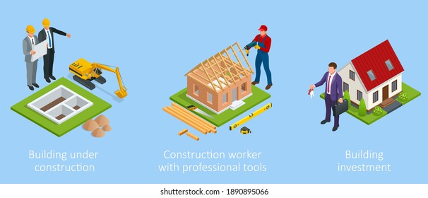 Isometric set stage-by-stage construction of a brick house. House building process. House construction phases