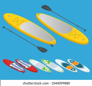 Isometric set of Stand up paddle surfing and stand up paddle boarding isolated on white Water sport concept. Active summer vacations with paddle board