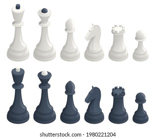 Isometric set of standard chess pieces. Chess icons. Board game. A chess piece, or chessman, is any of the six different types of movable objects used on a chessboard to play the game of chess.