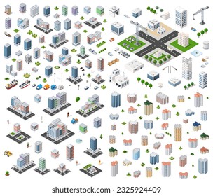 Isometric set Street crossroads 3D illustration of the city quarter with streets, people, and cars. Stock illustration for the design and gaming industry
