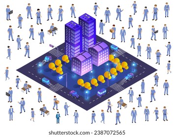 Isometric set Street crossroads 3D illustration of the city quarter with streets, people, and cars. Stock illustration for the design and gaming industry