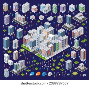 Isometric set Street crossroads 3D illustration of the city quarter with streets, people, and cars. Stock illustration for the design and gaming industry
