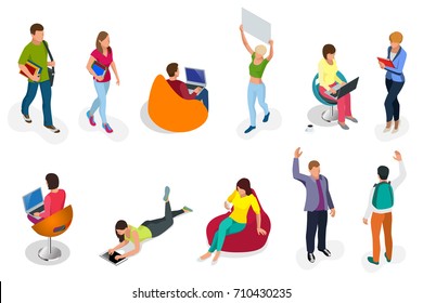 Isometric set of students with gadgets and books. Isometric young people, teenagers and students. Learning, education and school concept. on white background isolated.