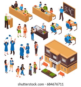 Isometric Set Of Students And Teachers In High School And University On White Background Isolated Vector Illustration 