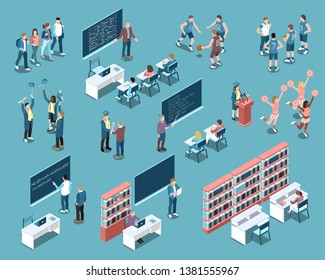 Isometric set with students in university classes graduates and sport team players isolated on blue background 3d vector illustration