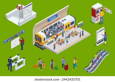 Isometric set Subway Elements. Turnstile ticket check, Enter to Metro, Escalator, Ticket purchase, Metro-carriage, Transition metro station, Metro-station, Metro-Tunnel