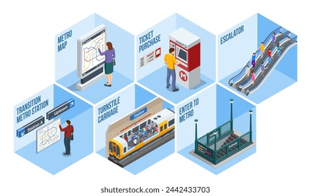 Isometric set Subway Elements. Turnstile ticket check, Enter to Metro, Escalator, Ticket purchase, Metro-carriage, Transition metro station, Metro-station, Metro-Tunnel