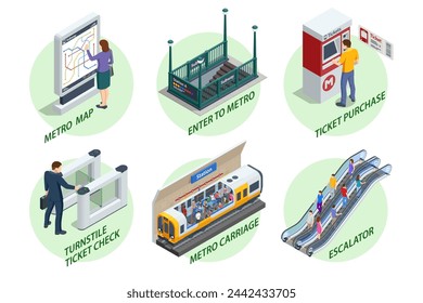 Isometric set Subway Elements. Turnstile ticket check, Enter to Metro, Escalator, Ticket purchase, Metro-carriage, Transition metro station, Metro-station, Metro-Tunnel