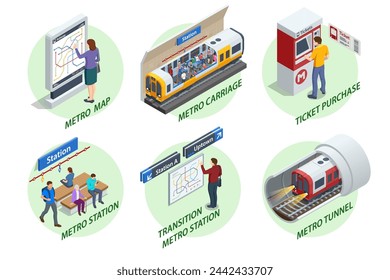 Isometric set Subway Elements. Turnstile ticket check, Enter to Metro, Escalator, Ticket purchase, Metro-carriage, Transition metro station, Metro-station, Metro-Tunnel