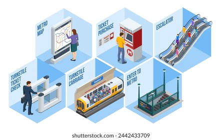 Isometric set Subway Elements. Turnstile ticket check, Enter to Metro, Escalator, Ticket purchase, Metro-carriage, Transition metro station, Metro-station, Metro-Tunnel