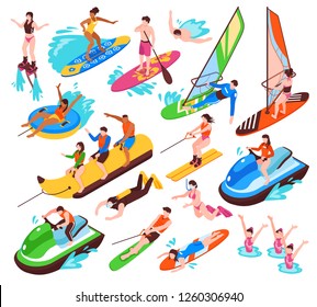 Isometric set of summer water active recreation so as banana boat surfing windsurfing jet skiing flyboarding isolated vector illustration