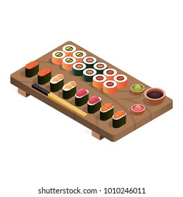 Isometric set of sushi and rolls on a wooden cutting board with japanese chopsticks, soy sauce, ginger and wasabi. Vector illustration isolated on white background.