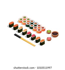 Isometric set of sushi and rolls on a wooden cutting board with japanese chopsticks, soy sauce, ginger and wasabi. Vector illustration isolated on white background.