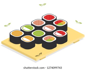 Isometric set of sushi and rolls on a wooden cutting board. Vector illustration isolated on white background.