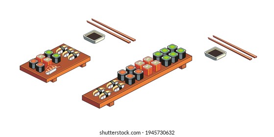 Isometric set of sushi and rolls on a wooden board with Japanese chopsticks and soy sauce. Vector illustration isolated on white background.
