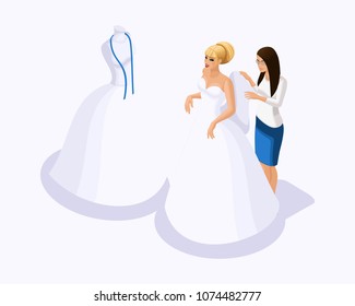 Isometric is a set of tailors sewing wedding dresses, a client on a fitting dress. Sewing the best and luxurious wedding dress in the atelier set 4.