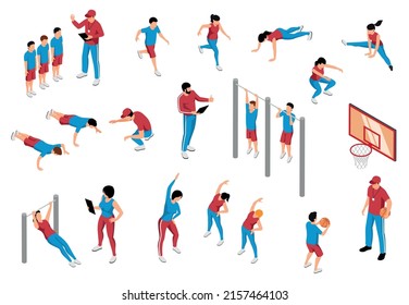 Isometric Set Of Teachers And Students In School Physical Education Lesson Doing Various Exercises Isolated 3d Vector Illustration