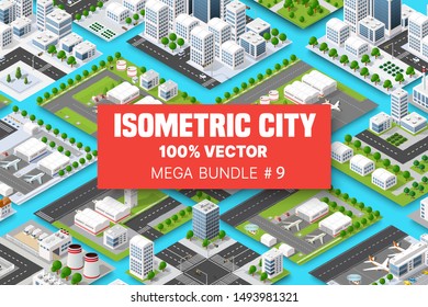 Isometric set terminal airport transportation of blocks module of areas of the city construction and designing of the perspective city of design of the urban environment