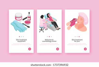 Isometric set of three cosmetologist banners with page switch buttons editable text and medical procedures images vector illustration