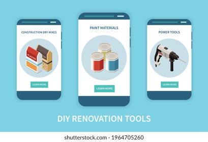 Isometric set of three isometric diy banners with tools and materials for renovation isolated on blue background 3d vector illustration