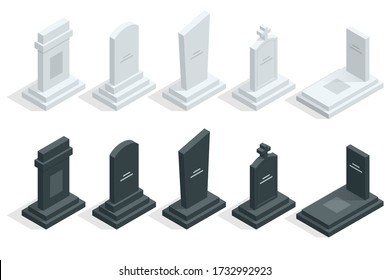 Isometric Set of tombstones in cemetery isolated om white. Death, coffin, funeral.