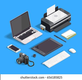 Isometric set of tools for graphic design isolated on blue background 3d vector illustration
