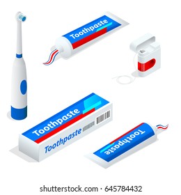 Isometric set of toothpaste Toothbrush, dental floss. Paste or gel dentifrice used with a toothbrush as an accessory to clean and maintain the aesthetics and health of teeth