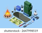 Isometric set of tourist things. Tent, axe, shovel, map of the area, fire, sleeping bag, backpack, electric lamp, thermos and food bag, tourist mat, flashlight, binoculars, compass, gas burner for