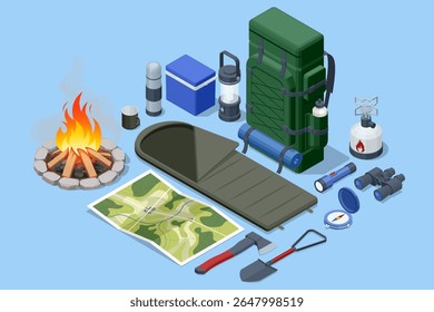 Isometric set of tourist things. Tent, axe, shovel, map of the area, fire, sleeping bag, backpack, electric lamp, thermos and food bag, tourist mat, flashlight, binoculars, compass, gas burner for