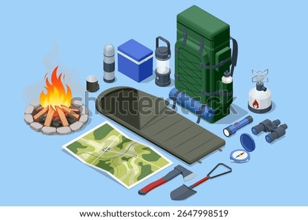 Isometric set of tourist things. Tent, axe, shovel, map of the area, fire, sleeping bag, backpack, electric lamp, thermos and food bag, tourist mat, flashlight, binoculars, compass, gas burner for