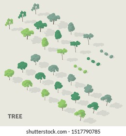 Isometric set of trees and bushes with shadow in various types and shapes isolated vector illustration