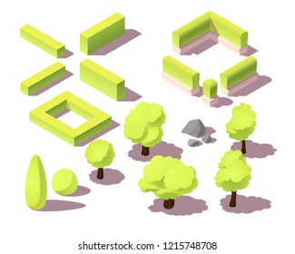 Conjunto isométrico de árboles y setos para el mapa de la ciudad. Parque de plantas, arbusto, paisaje urbano, rocas Pequeñas