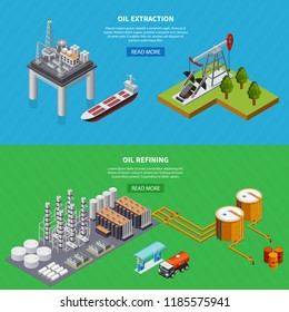 Isometric set of two horizontal banners with oil industry refining and extraction equipment isolated on colorful background 3d vector illustration