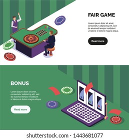 Isometric set of two horizontal banners with casino table croupier chips and laptop 3d isolated vector illustration
