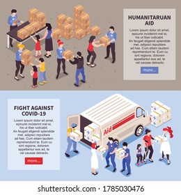 Isometric set of two horizontal humanitarian support banners with people helping needy and infected with covid 19 3d isolated vector illustration