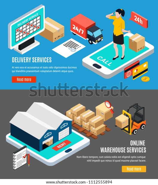 Isometric set of two horizontal logistics\
isometric banners with online delivery and warehouse services 3d\
isolated vector\
illustration