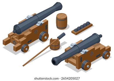 Conjunto isométrico de dos cañones de barco vintage en carruajes de madera, completo con un barril de pólvora, balas de cañón en un bastidor y un apisonador para carga. Pirata, Bucanero, Corsario, Filibuster, Freebooter