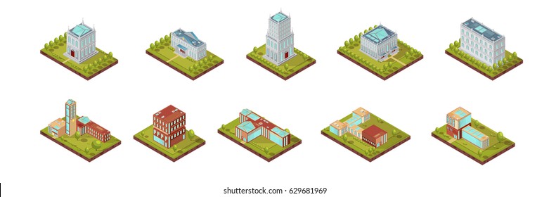 Isometric set of university buildings with windows on roofs and surrounding areas with trees isolated vector illustration