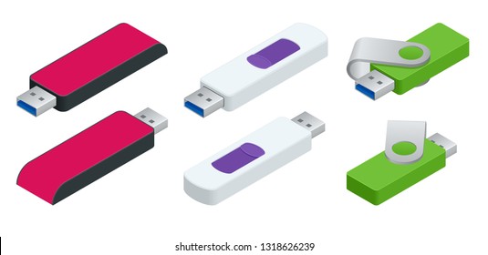 Isometric set of USB flash drives. USB memory stick isolated on white. 