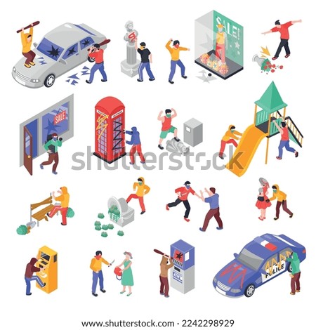 Isometric set of vandals and bandits damaging property committing burglary and mugging people isolated 3d vector illustration