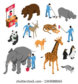 Isometric set of various animals and workers of zoo during professional activity isolated vector illustration