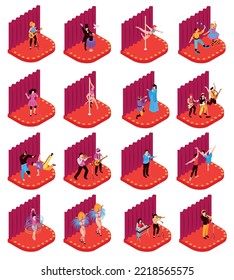Isometric set of various artists performing on red stage with curtains isolated on white background 3d vector illustration