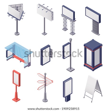 Isometric set of various blank metal constructions for outdoor advertising isolated on white background 3d vector illustration