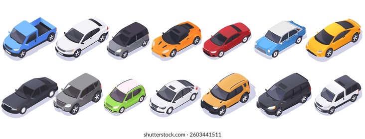 Isometric set of various car models in different colors. Vector illustration