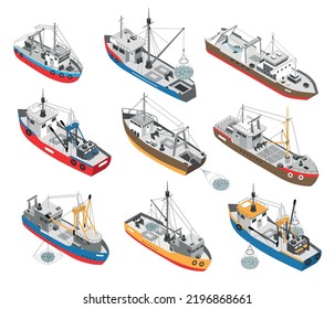 Isometric set of various colorful commercial fishing boats with nets isolated vector illustration