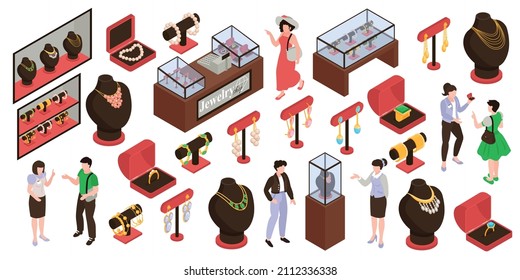 Isometric set with various jewelry shop display stands customers and sellers isolated on white background 3d vector illustration