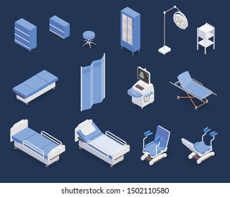 Isometric set of various medical equipment icons with hospital bed gynecological examination chair ultrasonography apparatus isolated on blue background 3d vector illustration