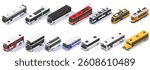 Isometric set of various public transport buses and trams. Vector illustration